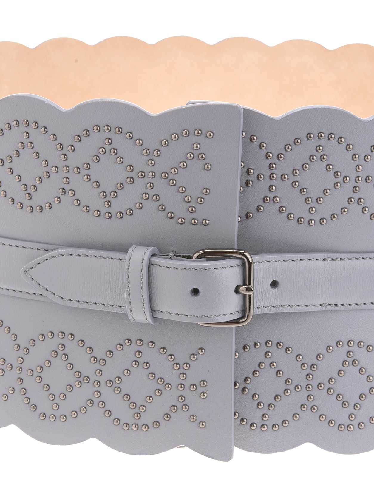 Grey Leather Corset Belt With Geometric Pattern Of Micro Studs