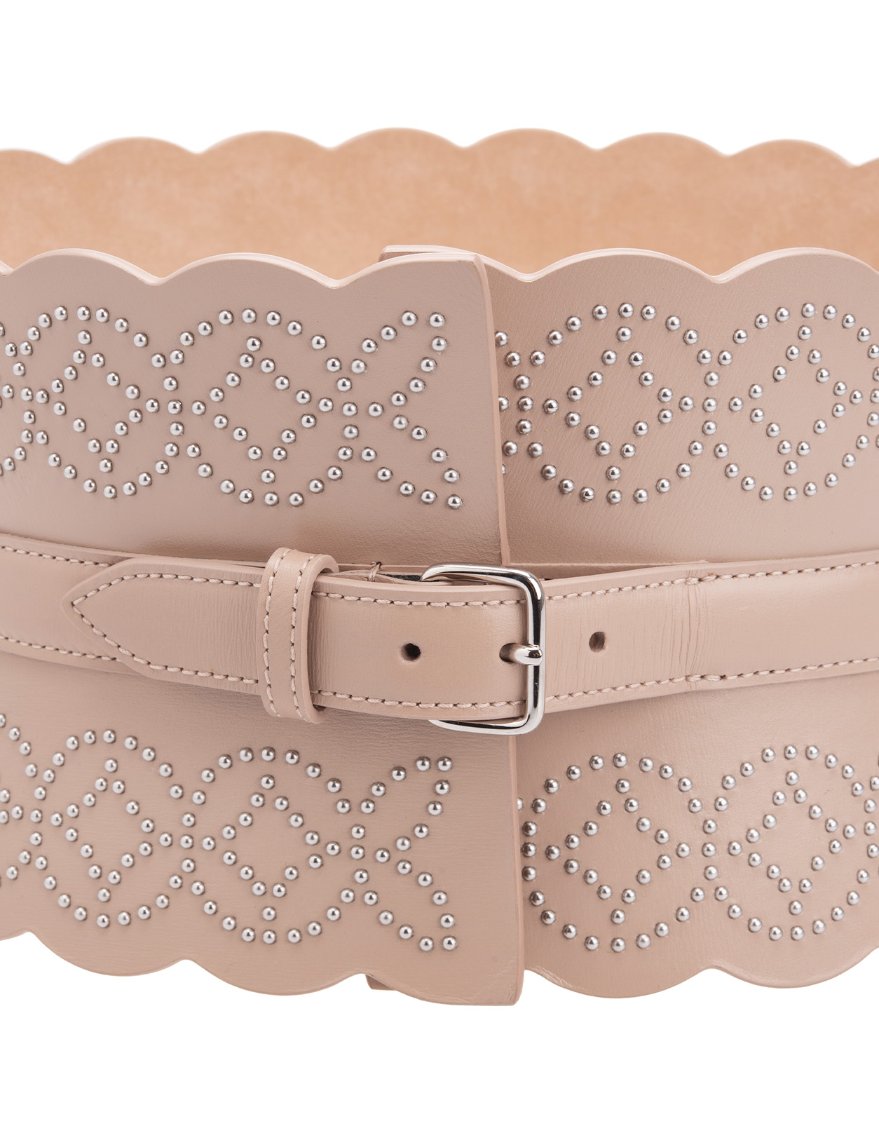 Pinkish Beige Perforated Leather Corset Belt With Geometric Pattern Of  Micro Studs