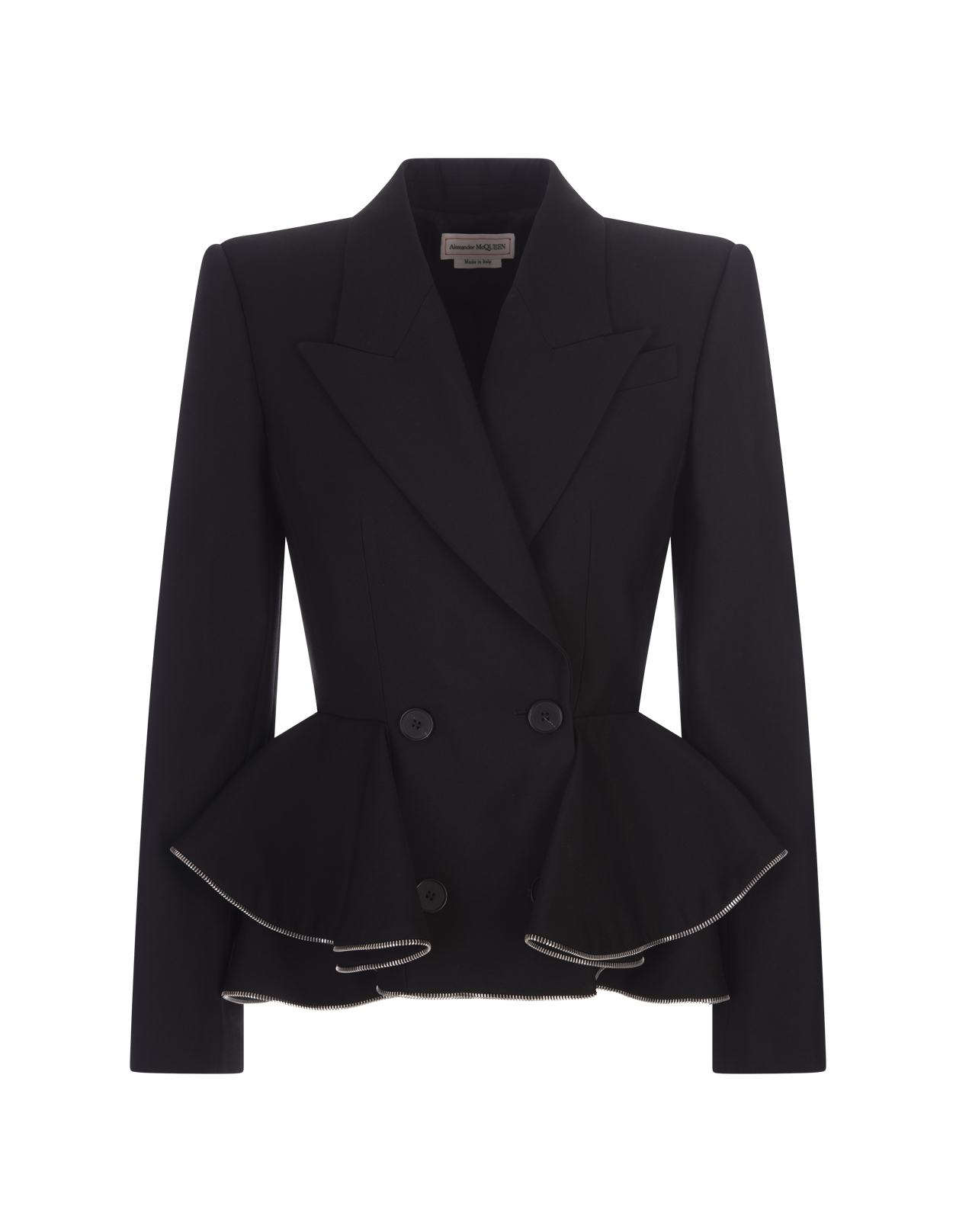 Black Double-Breasted Jacket With Ruffles And Zip - ALEXANDER MCQUEEN ...