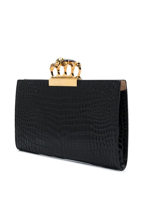 Pochette Piatta Skull Four-Ring Nera Effetto Coccodrillo ALEXANDER MCQUEEN | 570582-1HB0T1000