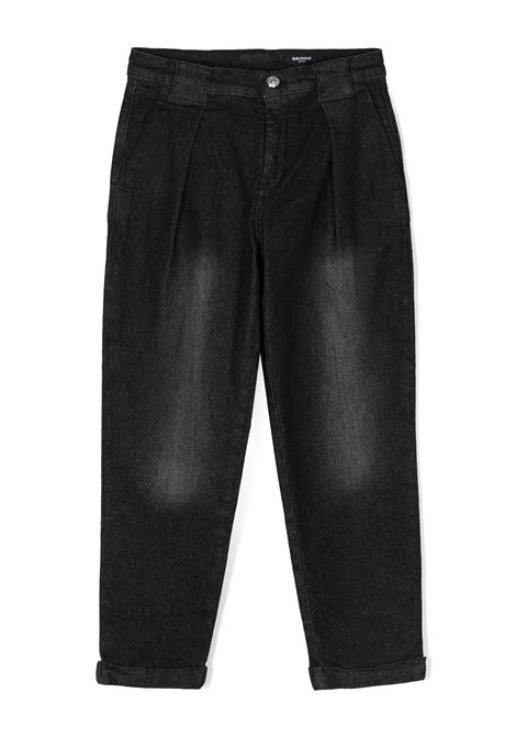 Black Denim Tapered Jeans with Pleats BALMAIN KIDS | BV6S80-Z2424921