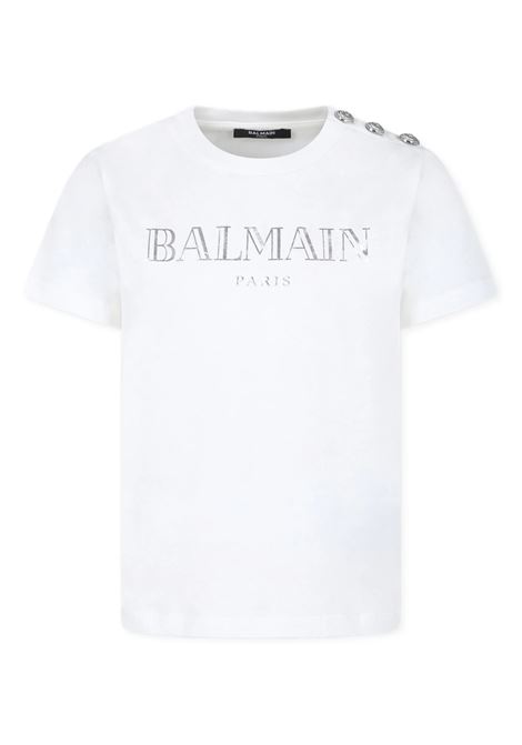 White T-Shirt with Silver Buttons and Logo BALMAIN KIDS | BV8Q21-Z0116102AG