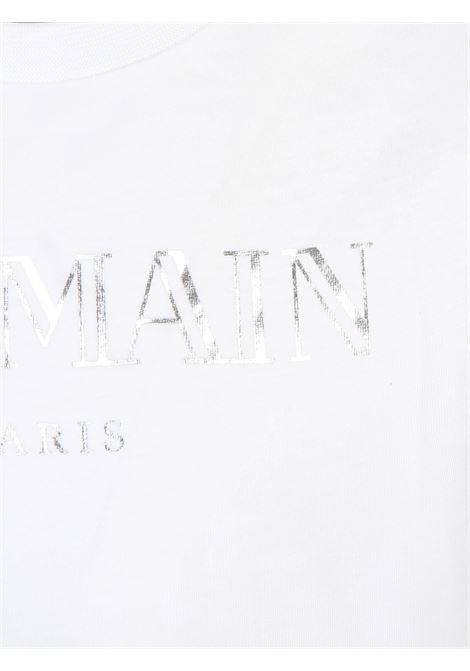 White T-Shirt with Silver Buttons and Logo BALMAIN KIDS | BV8Q21-Z0116102AG