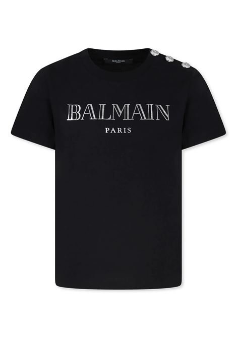 Black T-Shirt with Silver Buttons and Logo BALMAIN KIDS | BV8Q21-Z0116930AG