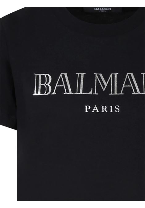 T-Shirt Nera con Bottoni e Logo Argentati BALMAIN KIDS | BV8Q21-Z0116930AG