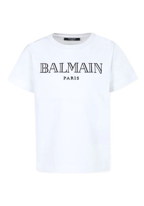 T-Shirt Bianca con Logo Stile Romano Ricamato BALMAIN KIDS | BV8R51-Z0082100NE