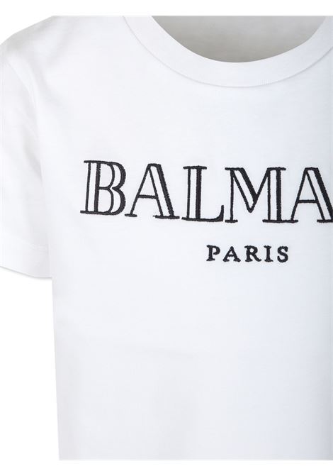 T-Shirt Bianca con Logo Stile Romano Ricamato BALMAIN KIDS | BV8R51-Z0082100NE