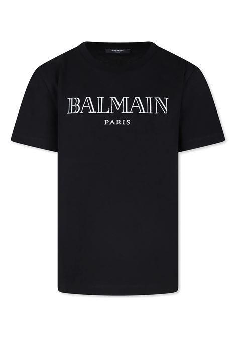 T-Shirt Nera con Logo Stile Romano Ricamato BALMAIN KIDS | BV8R51-Z0082930BC