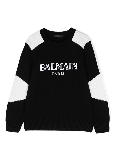 Pullover In Lana Nera Con Logo e Inserti a Contrasto BALMAIN KIDS | BV9P50-Z2359930AV