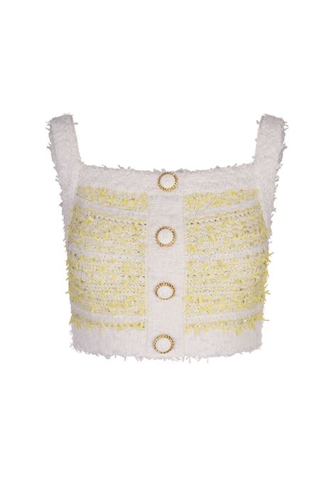 BALMAIN Top in Tweed Giallo e Bianco Con Spalline - BALMAIN