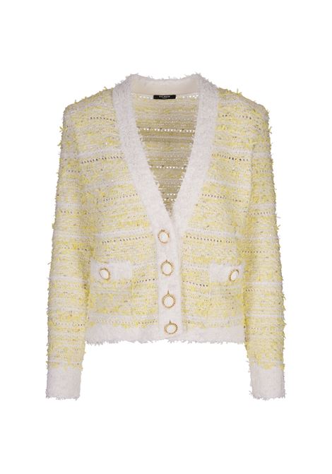 BALMAIN Cardigan Corto In Maglia Gialla e Bianca - BALMAIN