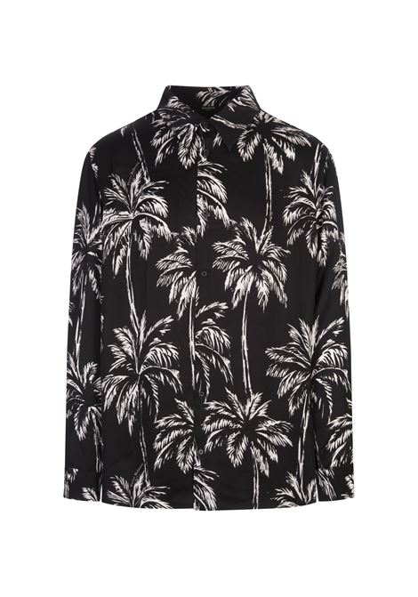 Black Satin Shirt With All-Over Palm Print  BALMAIN | DH1HS184VF43EAB