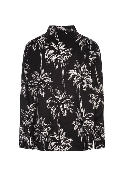 Black Satin Shirt With All-Over Palm Print  BALMAIN | DH1HS184VF43EAB