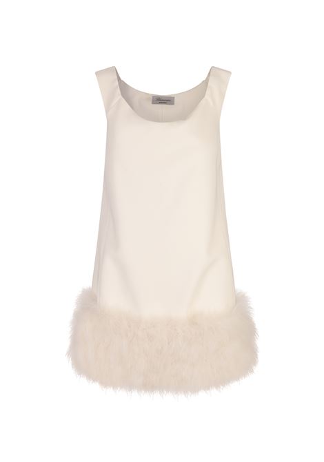 BLUMARINE Abito In Crepe Sable Bianco Con Piume di Marabou - BLUMARINE