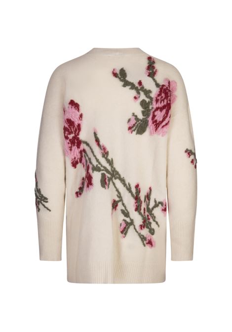 Cardigan Over Bianco Con Rose Jacquard BLUMARINE | 2M489AF1071