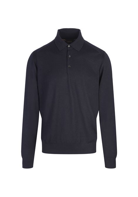 BOSS Maglione Regular Fit Stile Polo Blu Scuro In Seta Lana e Cashmere - BOSS