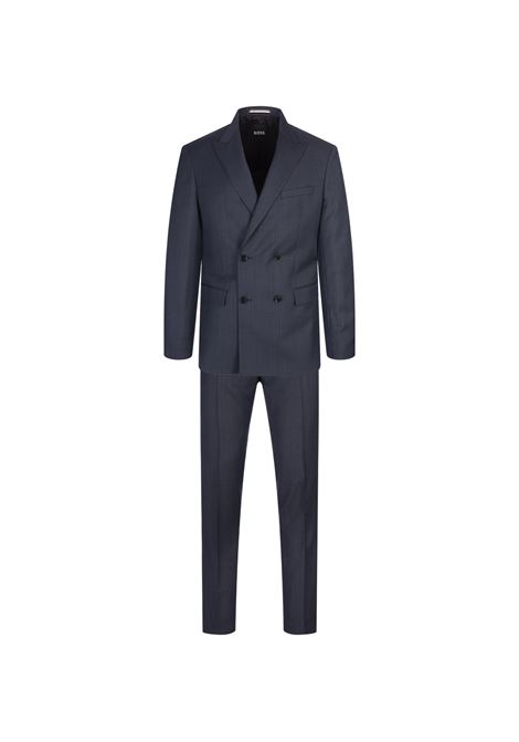 Slim Fit Double-Breasted Suit In Dark Blue Wool With Micro-Motif BOSS | 50518118404