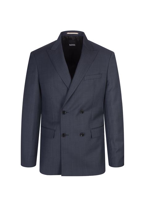 Slim Fit Double-Breasted Suit In Dark Blue Wool With Micro-Motif BOSS | 50518118404