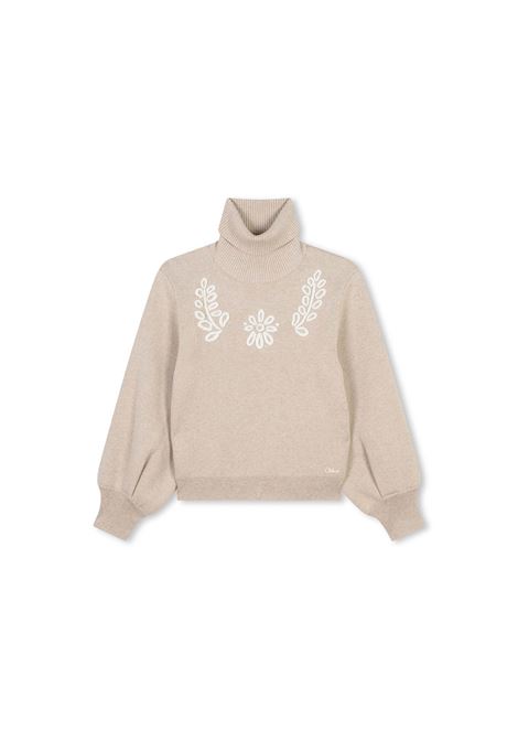 Beige Marl Turtleneck Sweater With Embroidery CHLOÉ KIDS | C20241C03