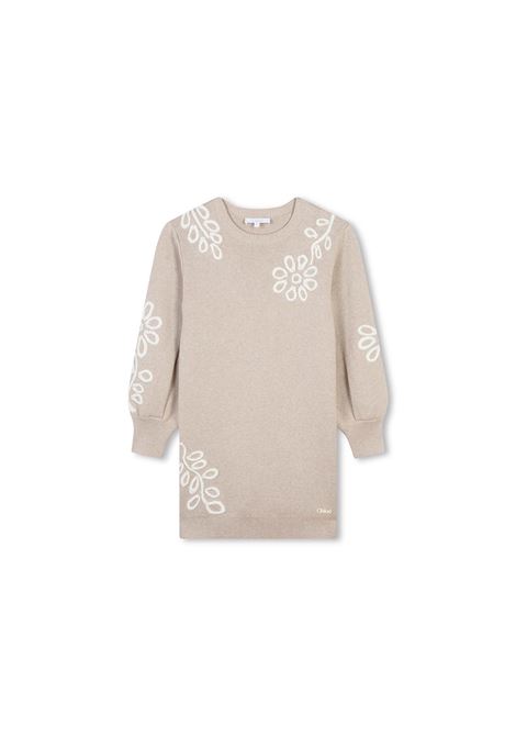 CHLOÉ KIDS Abito In Maglia Beige Marl Con Ricami - CHLOÉ KIDS