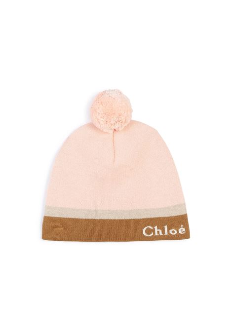 CHLOÉ KIDS Berretto In Maglia Washed Pink Con Logo e Pompon - CHLOÉ KIDS