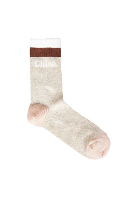 Melange Beige Socks With Logo And Stripes CHLOÉ KIDS | C20279C03