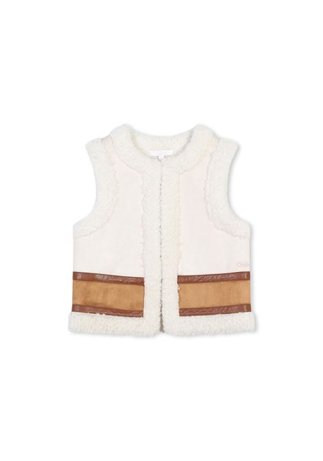 CHLOÉ KIDS Gilet Bianco e Chocolate Brown Con Effetto Shearling - CHLOÉ KIDS