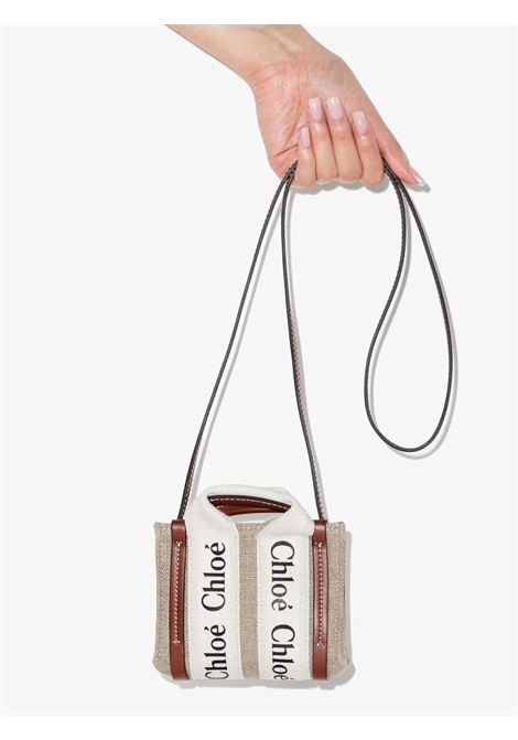 White and Brown Woody Nano Tote Bag CHLOÉ | C22AP235I2690U