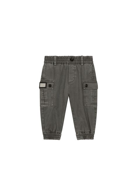 Pantaloni Cargo Grigi In Gabardina Con Placca Logata DOLCE & GABBANA KIDS | L14P66-LY090N0701