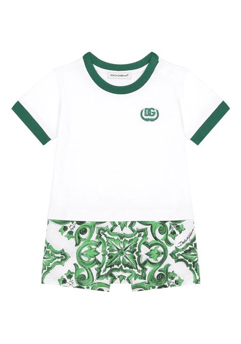 T-Shirt and Shorts Set with Green Majolica Print and DG Logo DOLCE & GABBANA KIDS | L1JO5I-G7NVHS9000