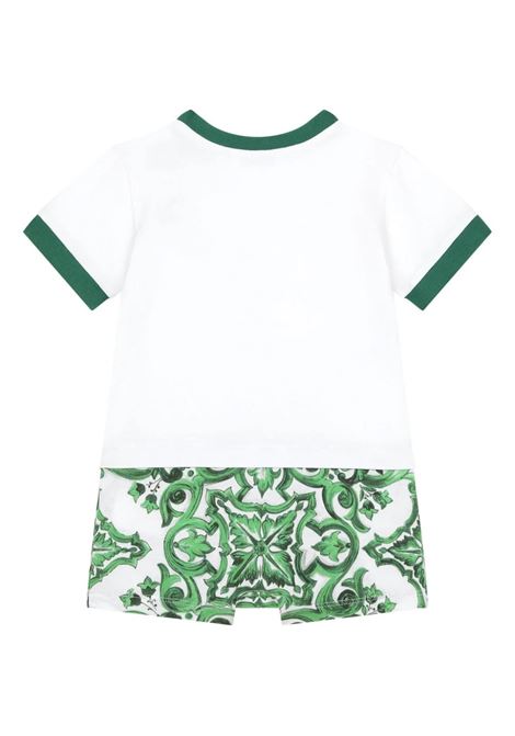 Set T-Shirt e Shorts Con Stampa Maiolica Verde e Logo DG DOLCE & GABBANA KIDS | L1JO5I-G7NVHS9000