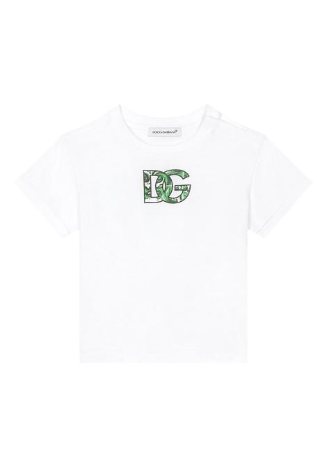 White T-Shirt With DG Logo In Green Maiolica Print DOLCE & GABBANA KIDS | L1JTEY-II7EAH65DQ
