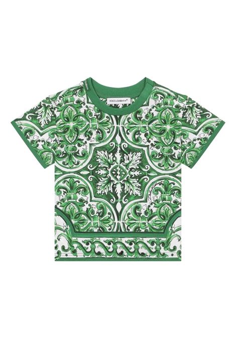 T-Shirt Con Stampa Maiolica Verde All-Over DOLCE & GABBANA KIDS | L1JTEY-II7EDH75DQ