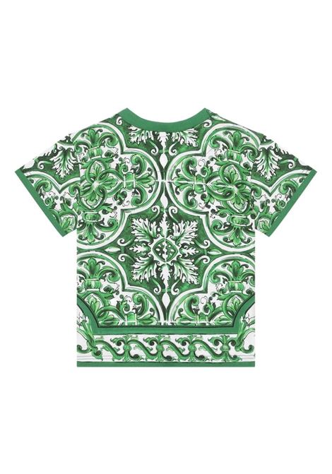 T-Shirt With All-Over Green Majolica Print DOLCE & GABBANA KIDS | L1JTEY-II7EDH75DQ