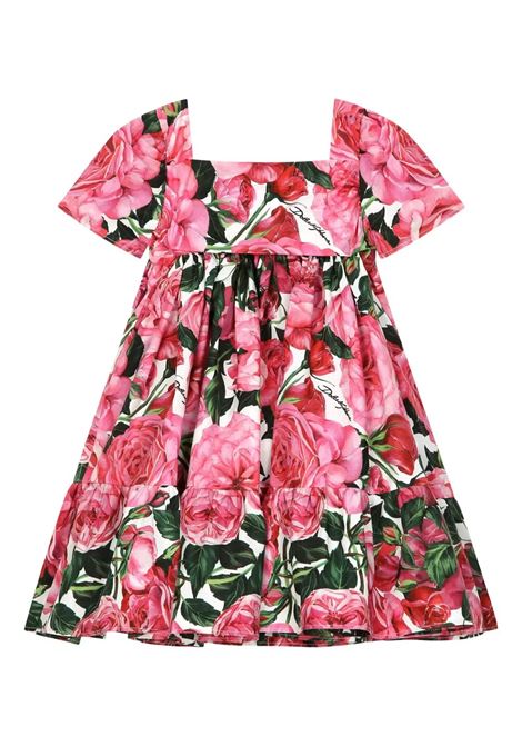 Poplin Dress With Rose Print On White Background DOLCE & GABBANA KIDS | L24DA2-HS5SDHW412