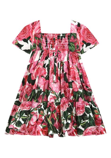 Poplin Dress With Rose Print On White Background DOLCE & GABBANA KIDS | L24DA2-HS5SDHW412