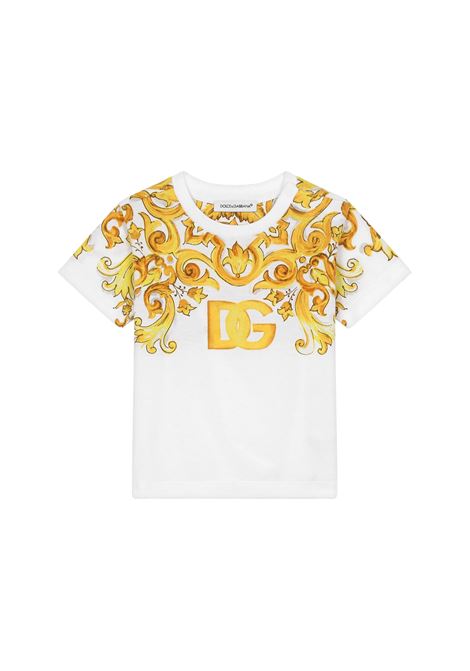T-Shirt Bianca Con Stampa Maiolica Gialla e Logo DG DOLCE & GABBANA KIDS | L2JTKT-II7DSHG3TN