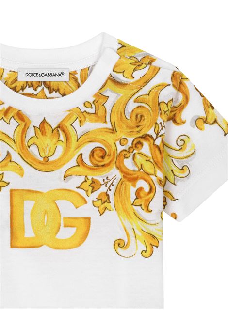 White T-Shirt With Yellow Maiolica Print and DG Logo DOLCE & GABBANA KIDS | L2JTKT-II7DSHG3TN