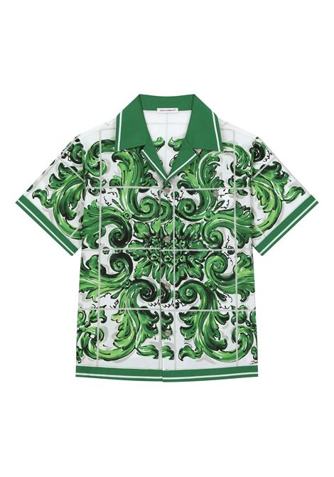 Camicia In Popeline Con Stampa Maiolica Verde DOLCE & GABBANA KIDS | L44S10-FI5JOH65DQ