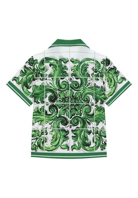 Camicia In Popeline Con Stampa Maiolica Verde DOLCE & GABBANA KIDS | L44S10-FI5JOH65DQ