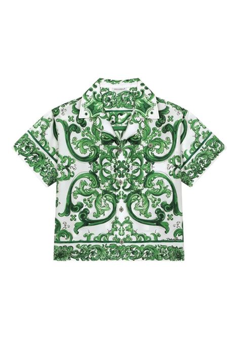 Camicia In Twill Di Seta Con Stampa Maiolica Verde DOLCE & GABBANA KIDS | L44S11-HI1S6H85DQ