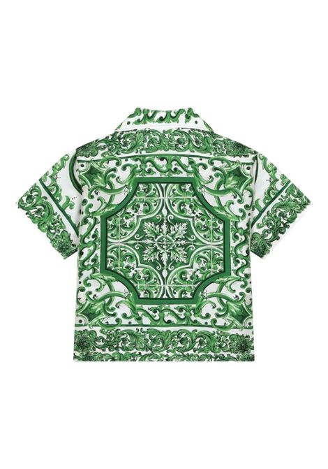 Camicia In Twill Di Seta Con Stampa Maiolica Verde DOLCE & GABBANA KIDS | L44S11-HI1S6H85DQ