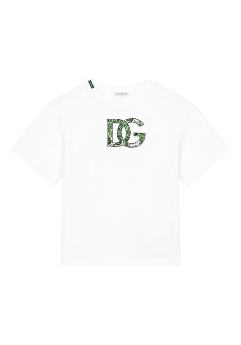 T-Shirt Bianca Con Logo DG In Stampa Maiolica Verde DOLCE & GABBANA KIDS | L4JTHV-G7NVCW0800