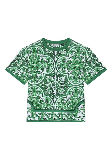 T-Shirt Con Stampa Maiolica Verde All-Over DOLCE & GABBANA KIDS | L4JTHV-II7EDH75DQ