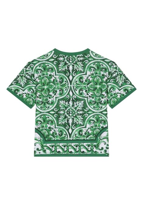 T-Shirt With All-Over Green Majolica Print DOLCE & GABBANA KIDS | L4JTHV-II7EDH75DQ