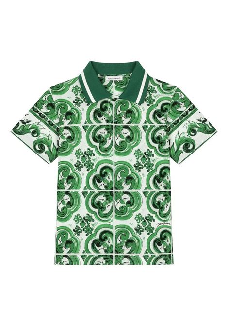 Polo With All-Over Green Majolica Print DOLCE & GABBANA KIDS | L4JTIB-II7CZHU3TN