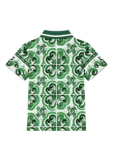 Polo With All-Over Green Majolica Print DOLCE & GABBANA KIDS | L4JTIB-II7CZHU3TN