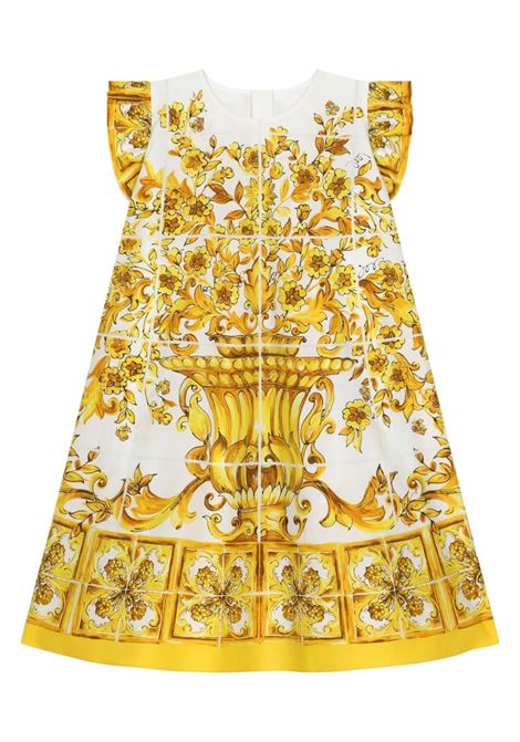 Yellow Maiolica Print Poplin Dress with Ruffled Sleeves DOLCE & GABBANA KIDS | L53DW2-FI5JWH13TN