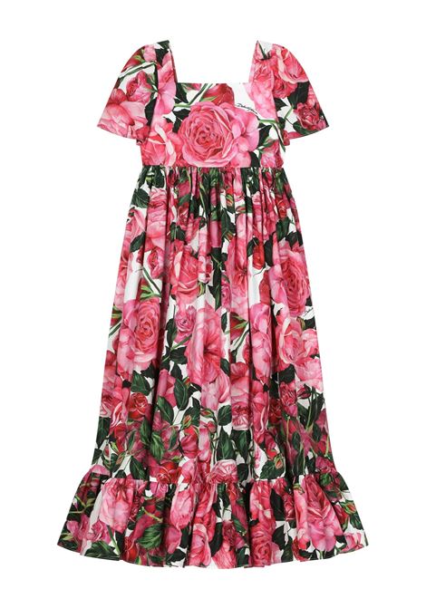 Poplin Dress With Rose Print On White Background DOLCE & GABBANA KIDS | L53DX2-HS5SCHW412