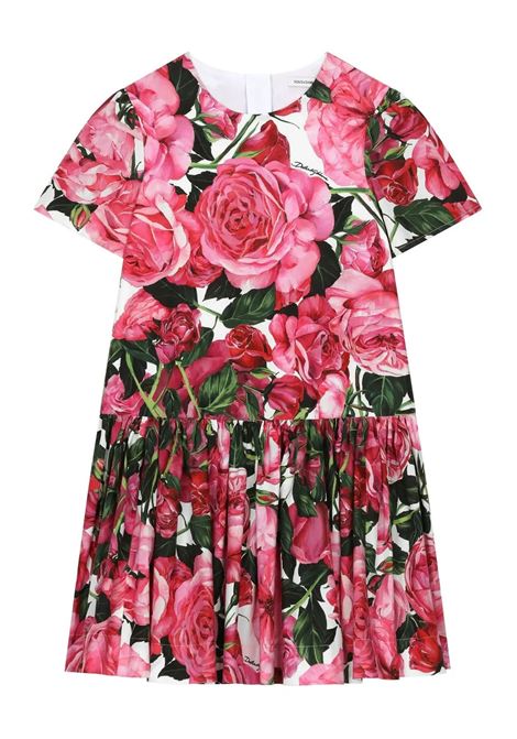 Dress With Rose Print On White Background DOLCE & GABBANA KIDS | L53DX6-HS5SCHW412